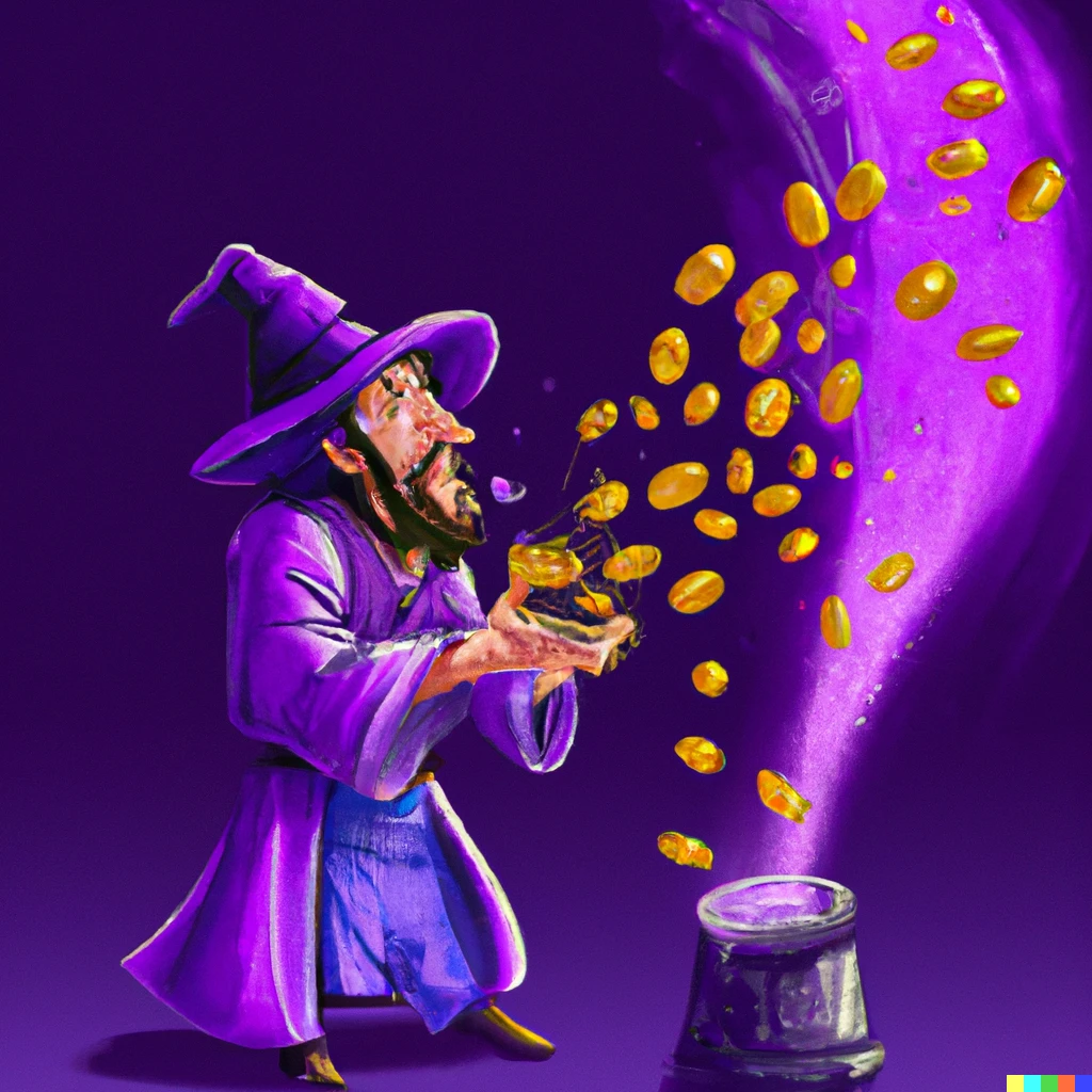 Prompt: A wizard spraying coins with an spell of fortune