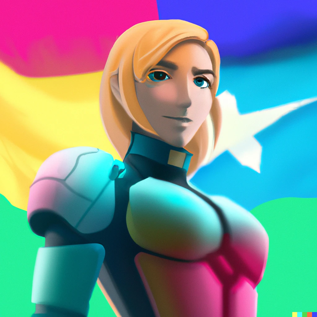 Prompt: samus aran with the trans pride flag in the background, digital art