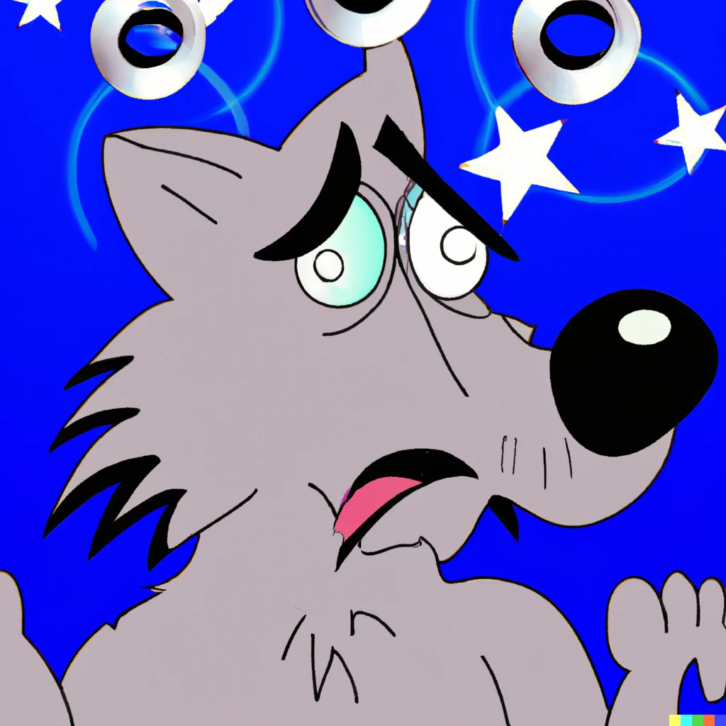 Prompt: A cartoon wolf character feeling dizzy (seeing rings and stars and cross eyed) in the style of Nedeljko Dragić