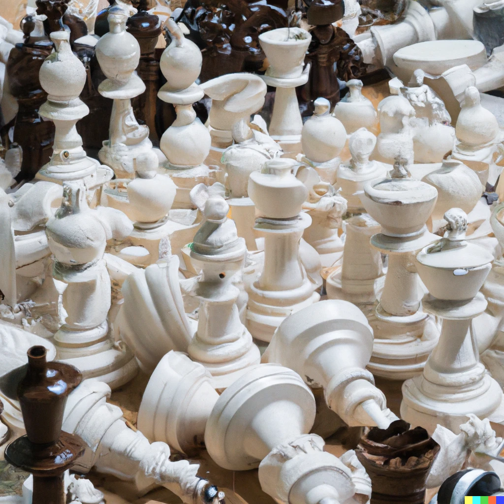 Prompt: chess pieces working in a factory