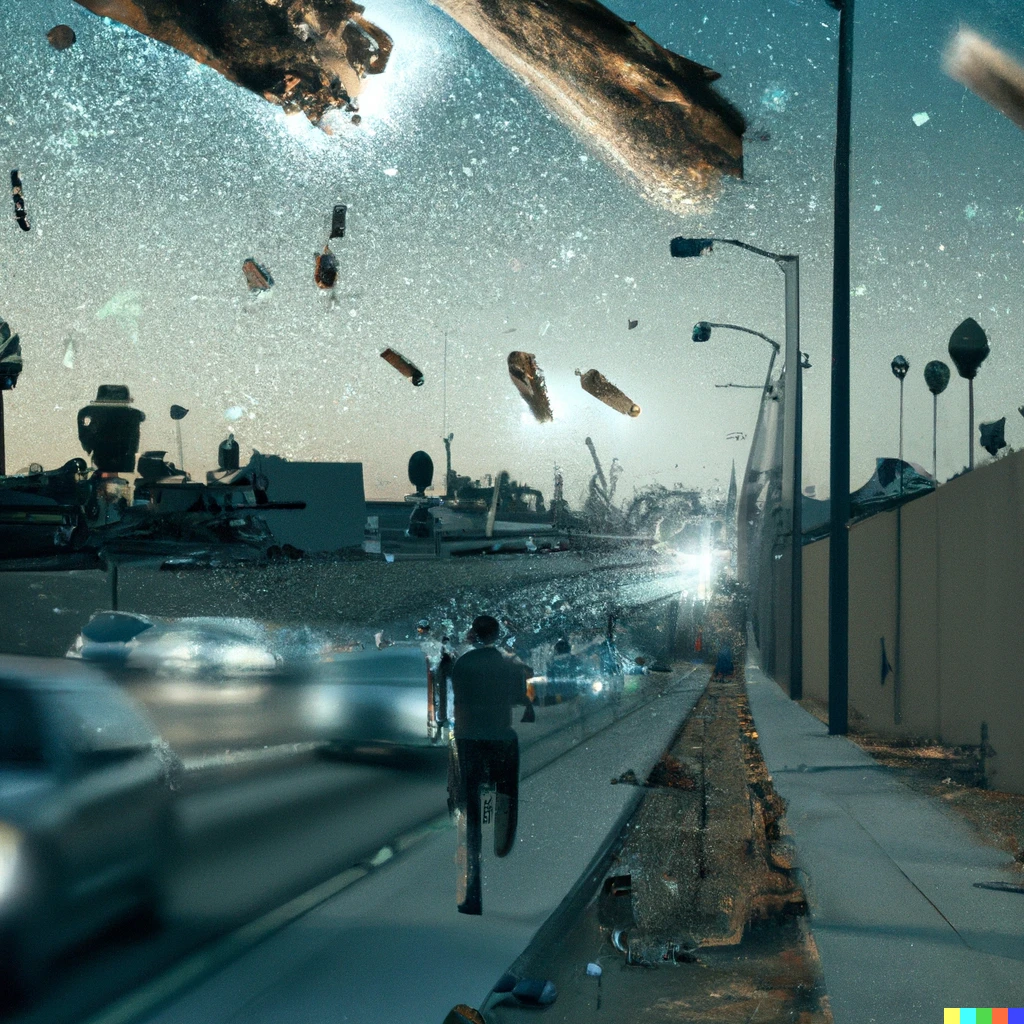 Prompt: Los angeles destroyed in a meteor shower from the streets with people running, photorealistic