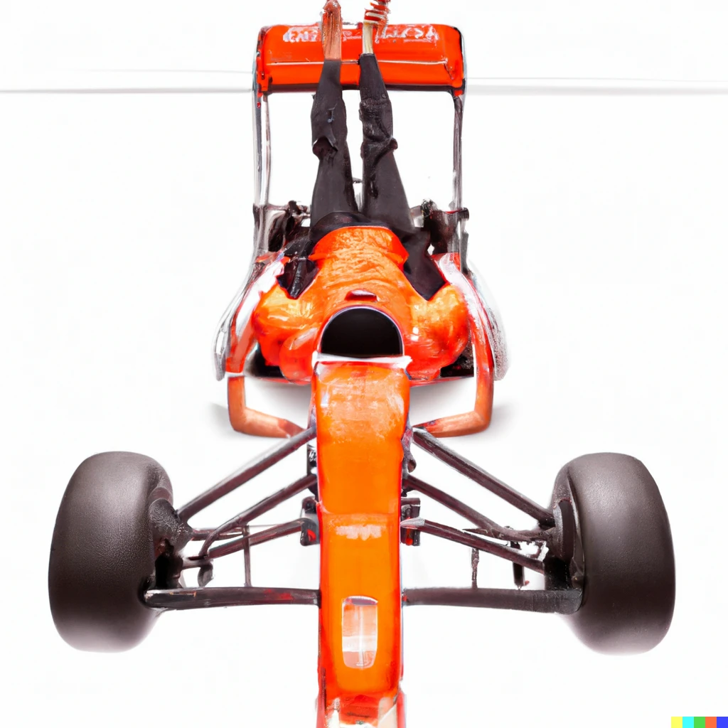 Prompt: An F1 car but the driver is sitting upside down