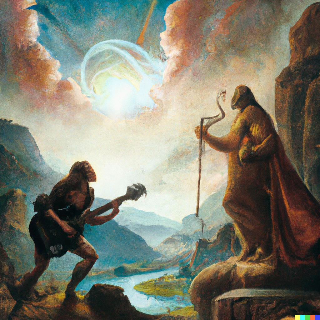 Prompt: An epic painting of a colossus god, confronted with a guitar player warrior, ultra wide angle landscape painting, by Frederic Edwin Church and Nadav Kander