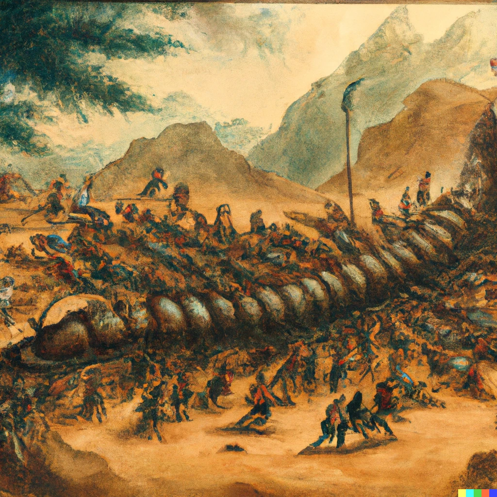 Prompt: A classical painting of an army of humans conquering and restraining a giant centipede
