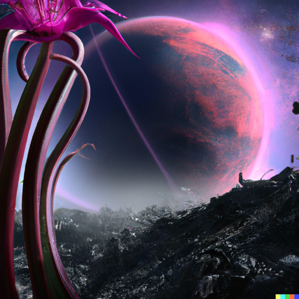 Prompt: a beautifully terrifying flower growing on the surface of the moon Titan with Saturn visible in the sky, digital art