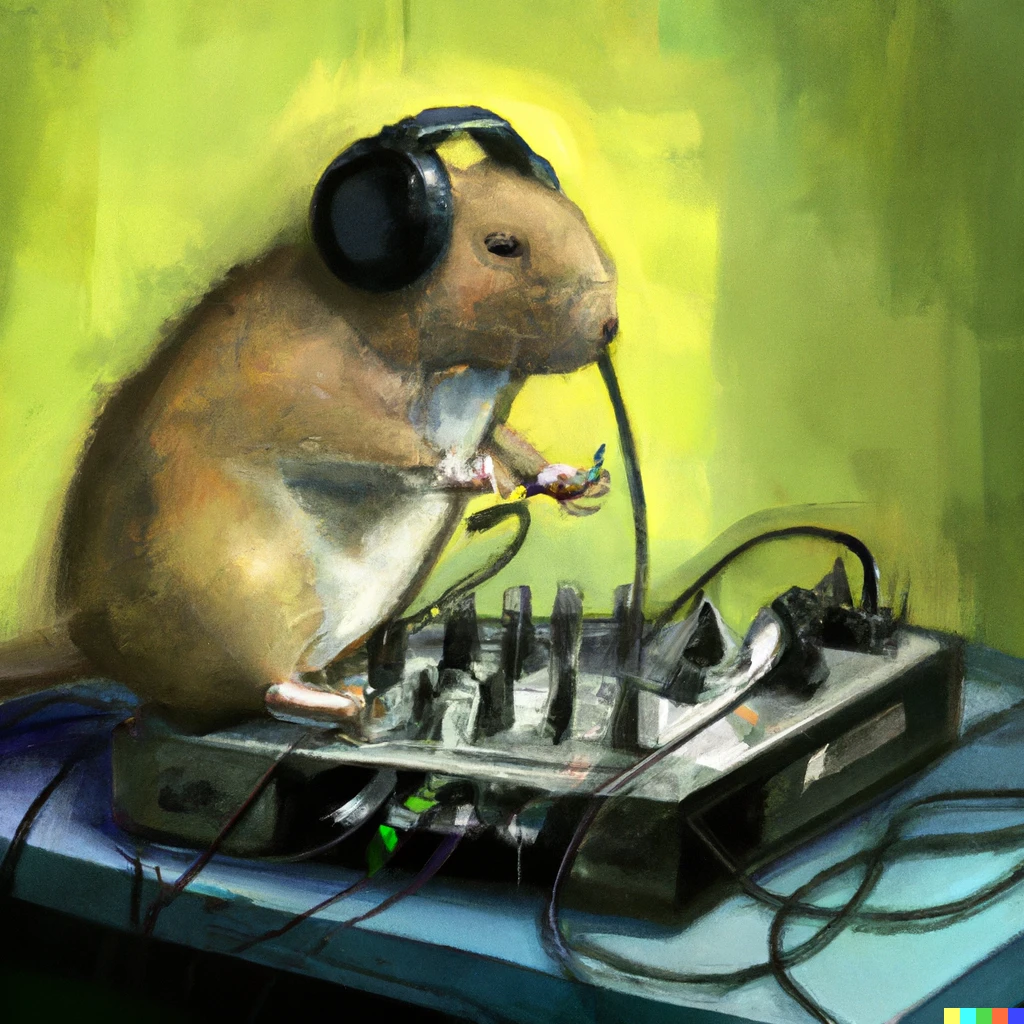 Prompt: A common vole broadcasts electro music in a studio, digital art, detailed
