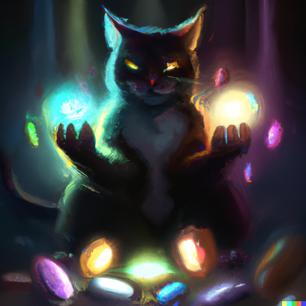 Prompt: a cat gaining the powers of the infinity stones, digital art