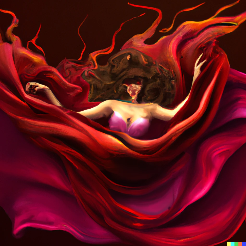 Prompt: Flaming drag queen draped in the fabric of reality, digital art