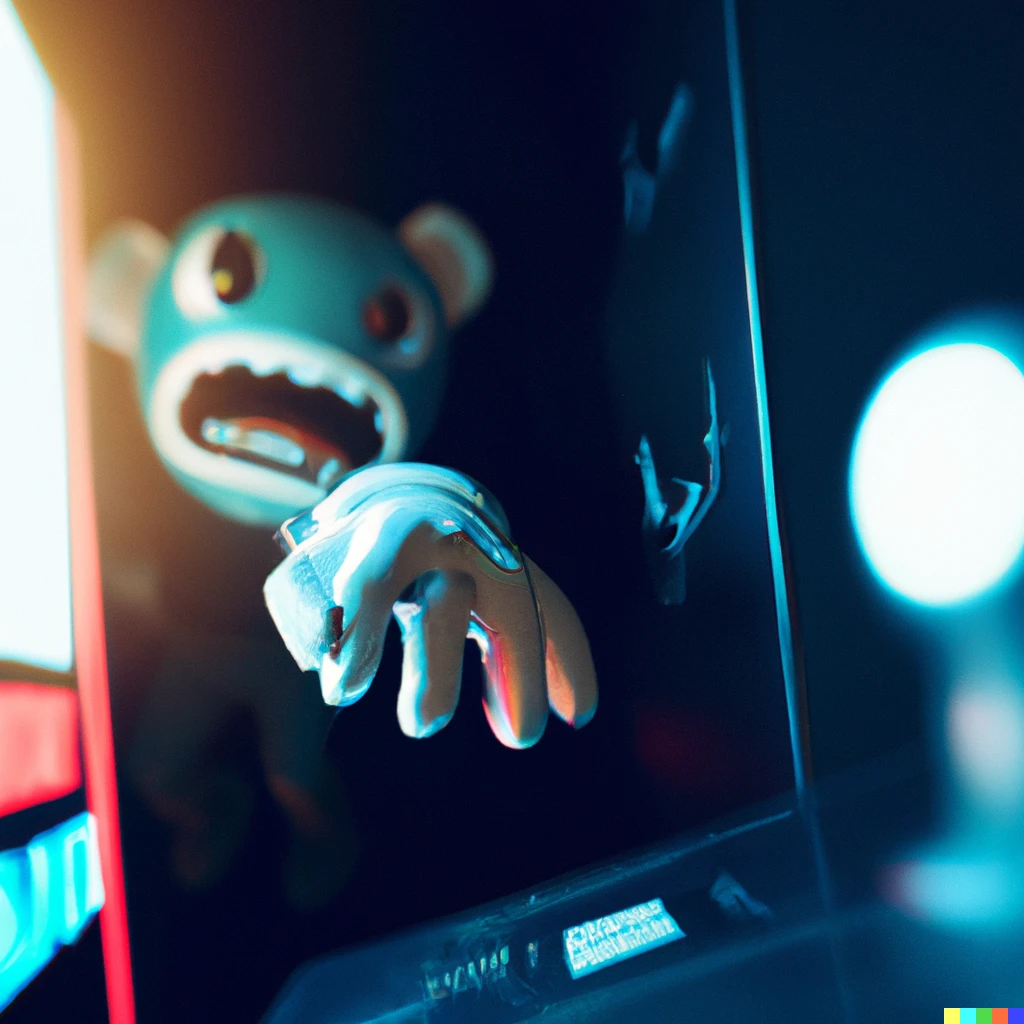 Prompt: A video game character trying to break out of an arcade machine, photo-realistic digital art featured on ArtStationHQ, hard lighting, lens flare, bokeh