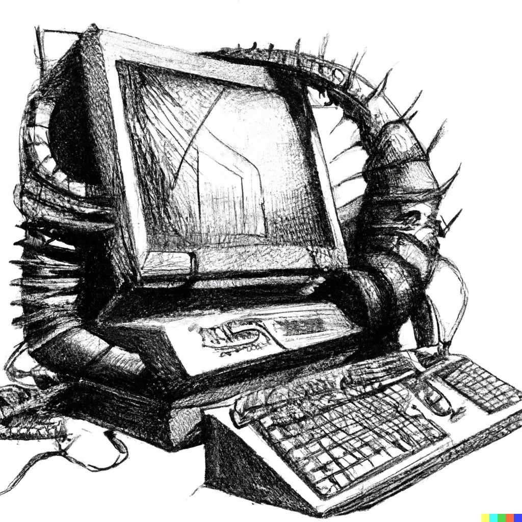 Prompt: a drawing of a 90's computer, by H.R Giger