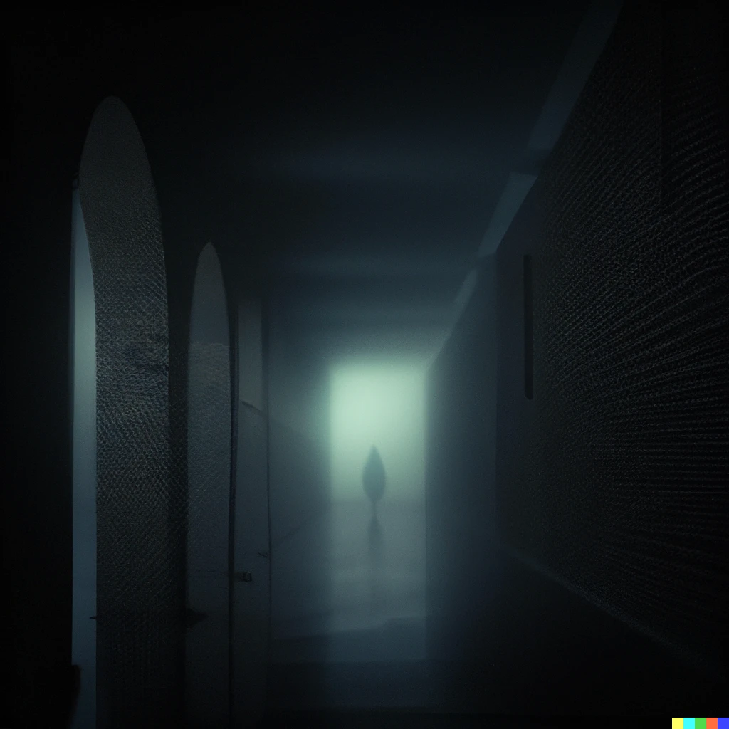 Prompt: A creepy dark hallway with a mysterious dark figure at the end of it, realistic
