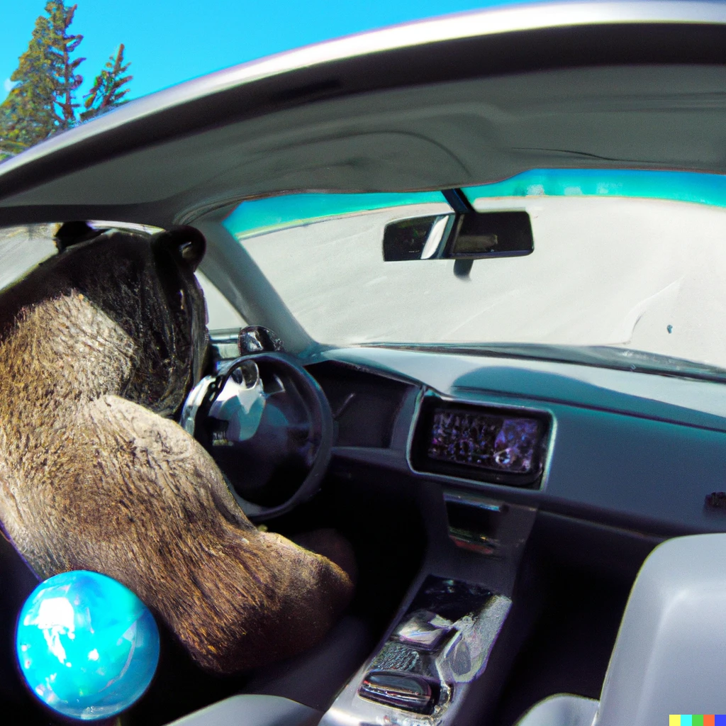 Prompt: dashcam footage of an oversized grizzly bear driving a car that has astronauts in the back seat