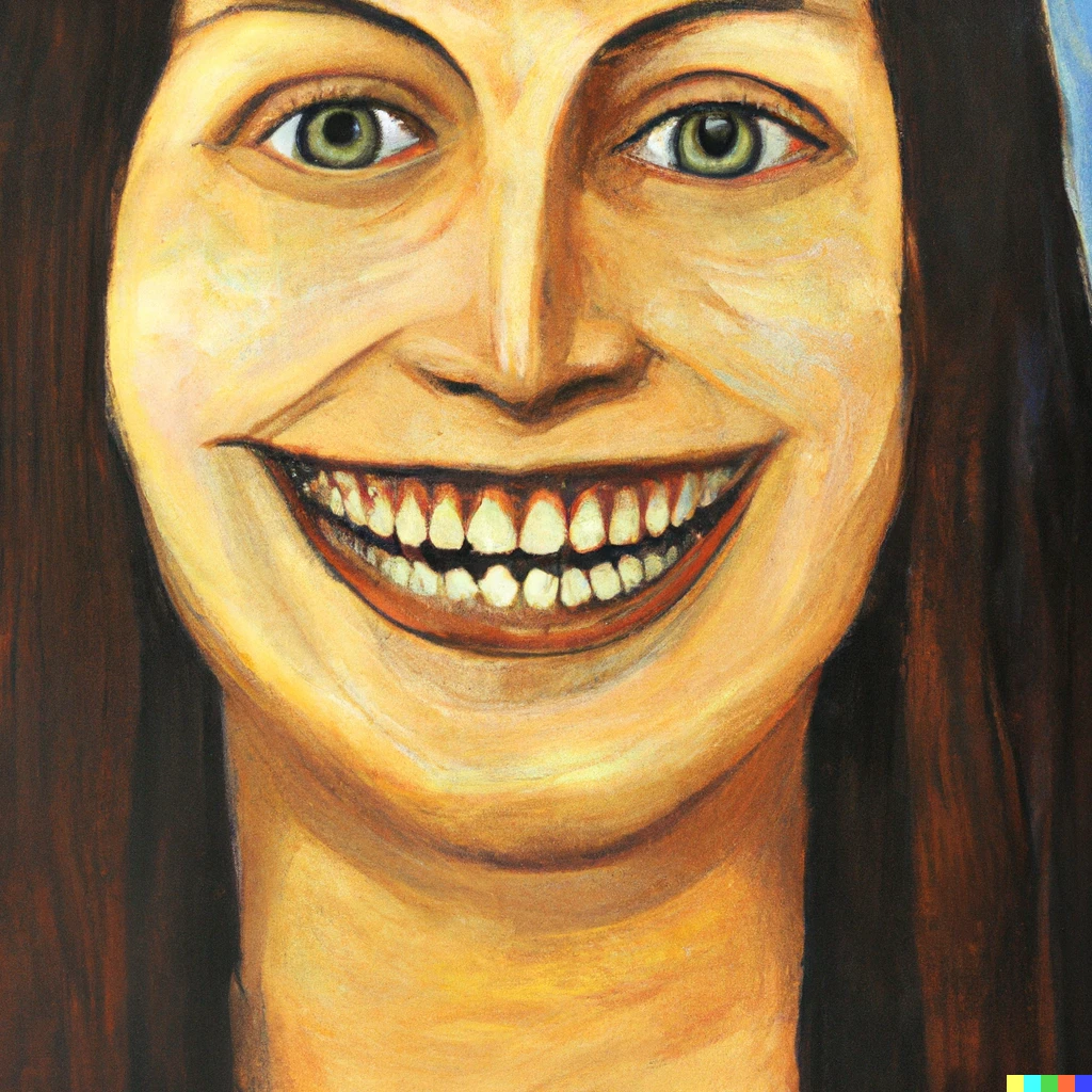 Prompt: A full face close-up painting of the Mona Lisa, smiling with an open mouth, showing her fangs