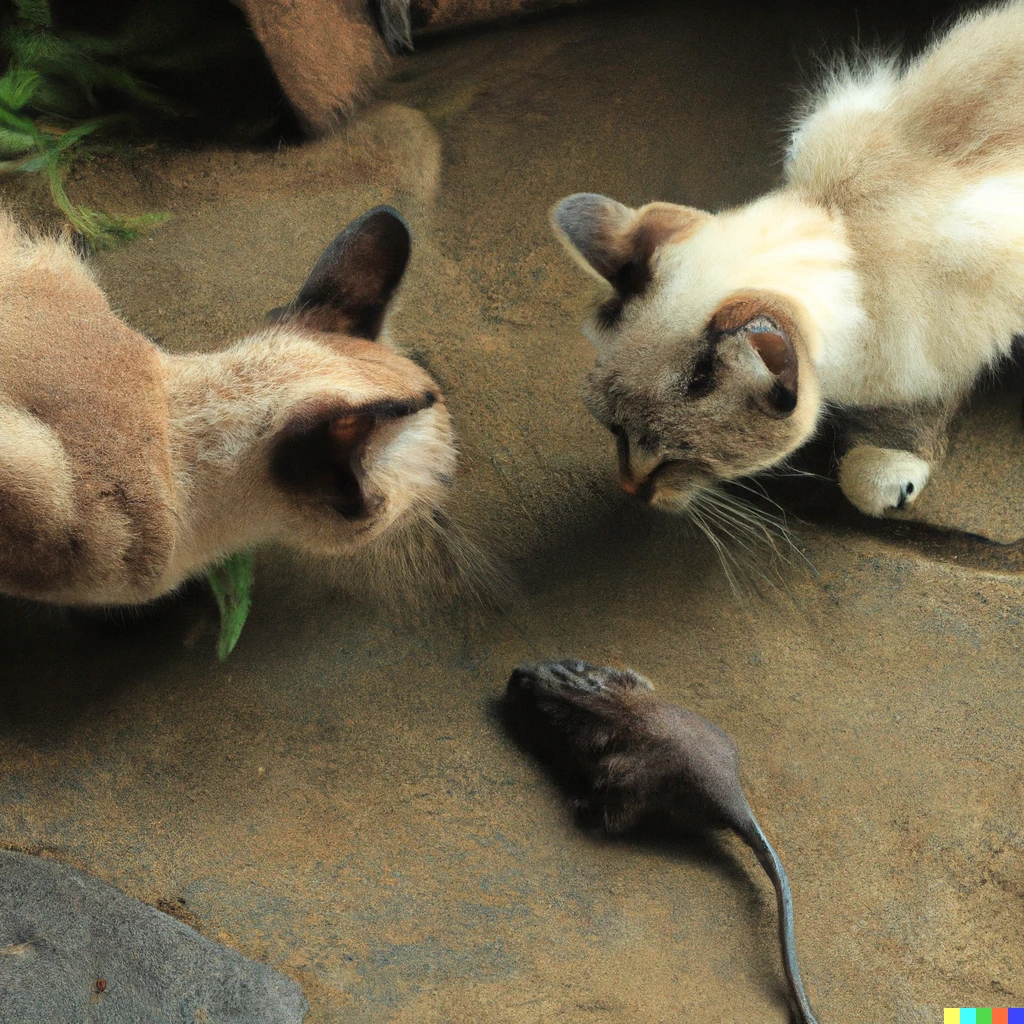 Prompt: 2 cats arguing about who's gonna eat the mouse on the floor, 8K photography