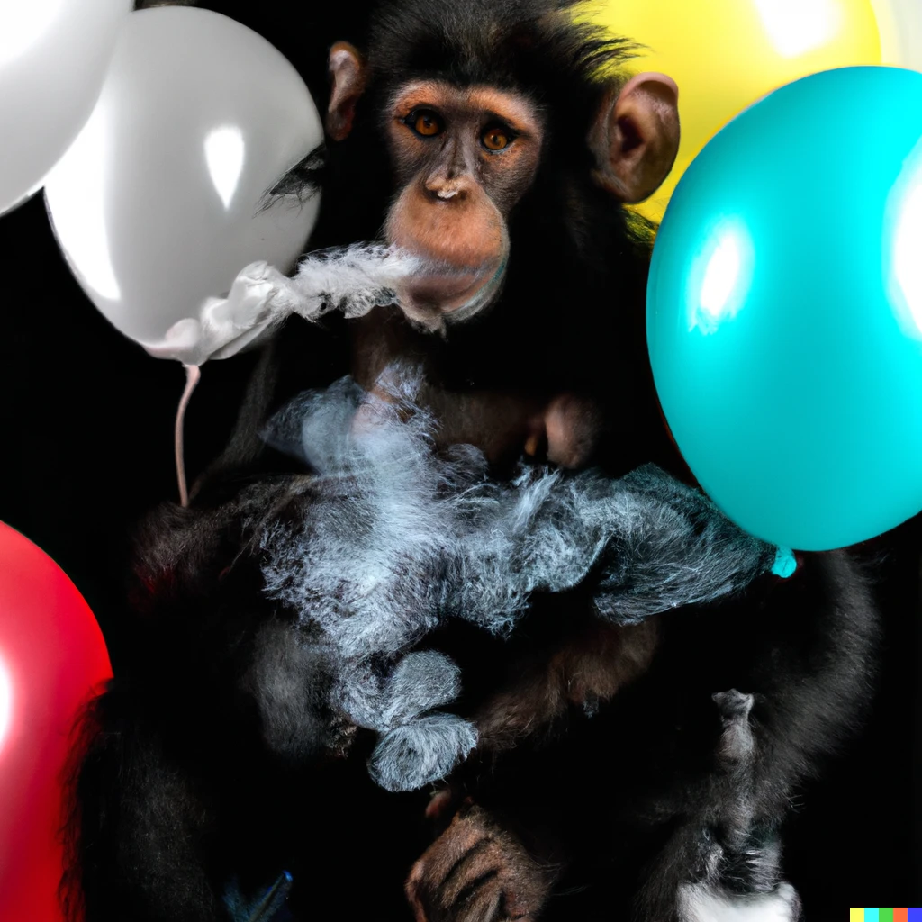 Prompt: A chimp vaping whilst sitting on a pile of balloon's