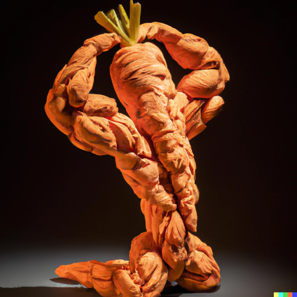 Prompt: Sculpture of a bodybuilder flexing made entirely from fresh carrots, by Antoni Gaudi, studio lighting