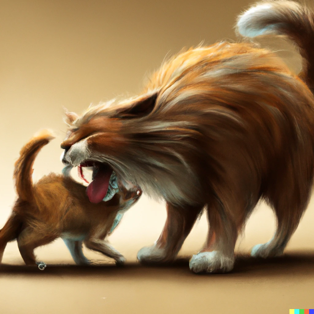 Prompt:  cat in the shape of a furball being coughed up by a much larger cat, digital art