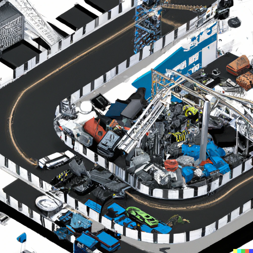 Prompt: Isometric view of a race track built inside a junkyard, playstation 2 graphic
