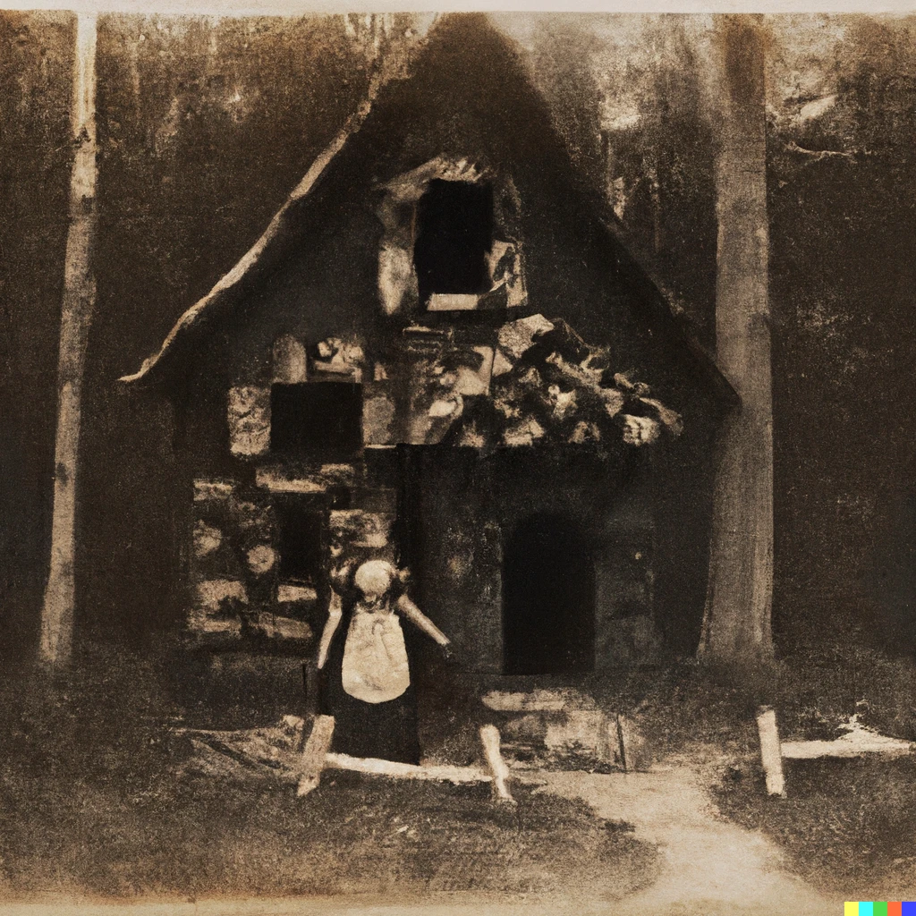 Prompt: a vintage photograph of a house made of gingerbread in a forest with a hungry looking witch standing in the doorway