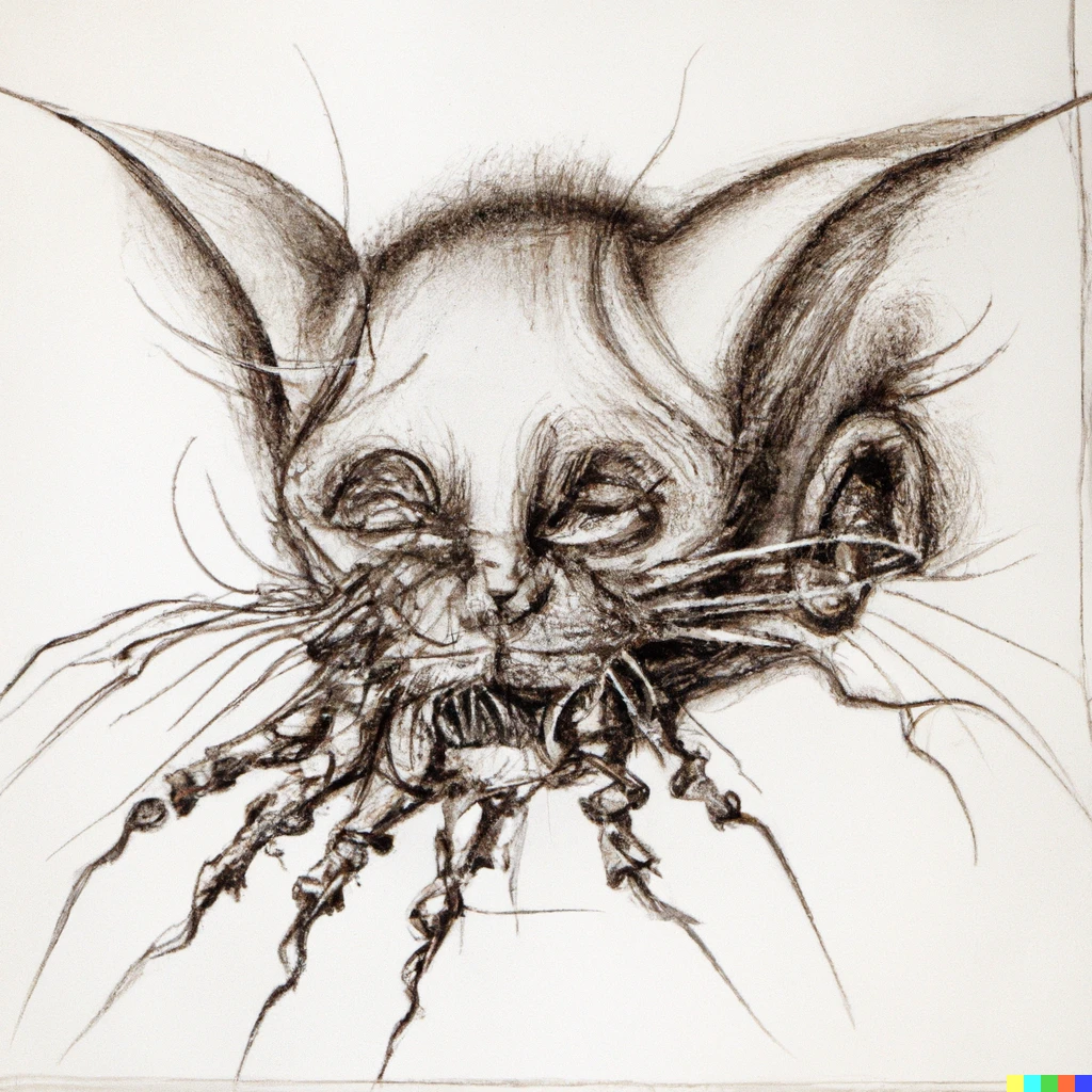 Prompt: a drawing of a cat, by H.R Giger