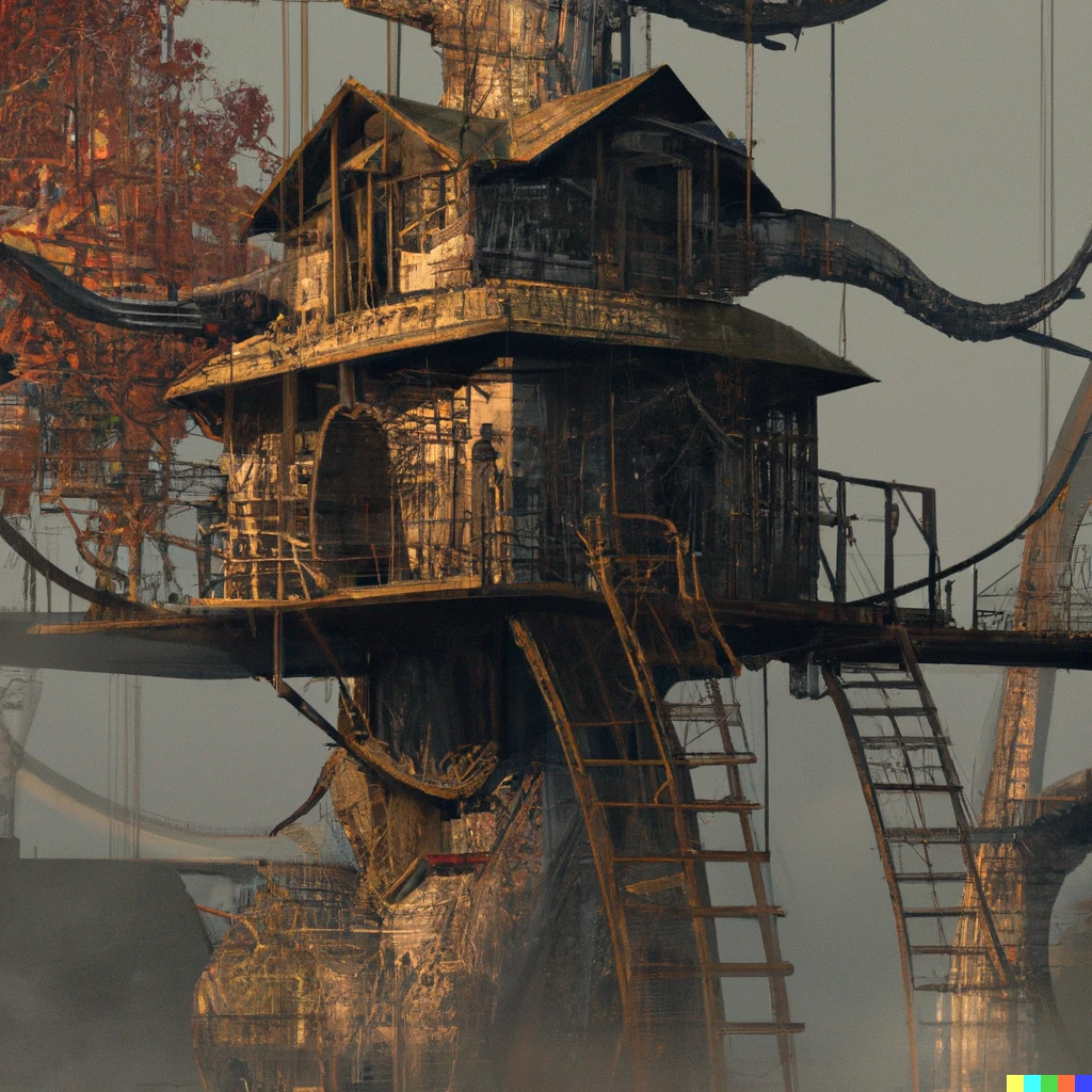 Prompt: Treehouse mist  architecture 3D 8k resolution detailed painting digital illustration Steampunk