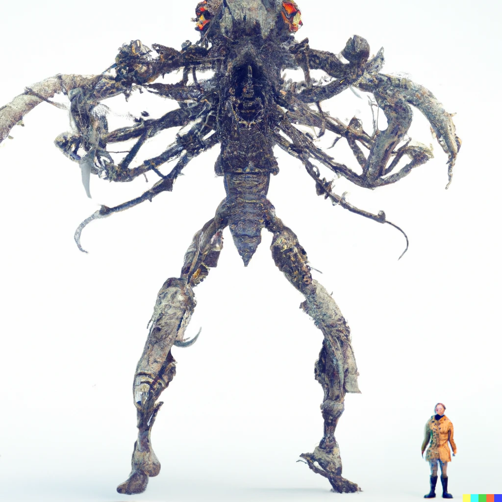 Prompt: a 20 ft tall humanoid creature with crab-like exoskeleton, with human as size comparison, digital concept art