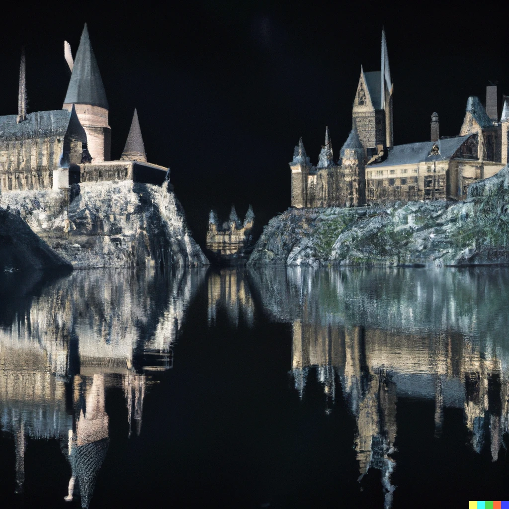 Prompt: Hogwarts from the Harry Potter universe, viewed at night and reflected over the Black Lake, photorealistic