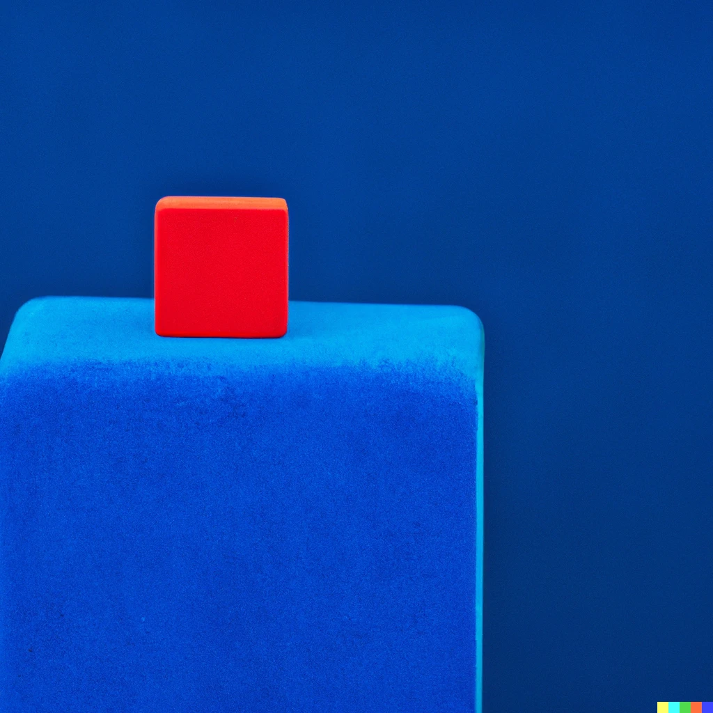 Prompt: a small red cube on top of a big blue cube