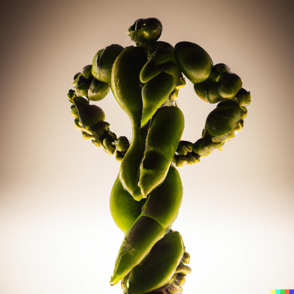 Prompt: Sculpture of a bodybuilder flexing made entirely from fresh peas, by Antoni Gaudi, studio lighting
