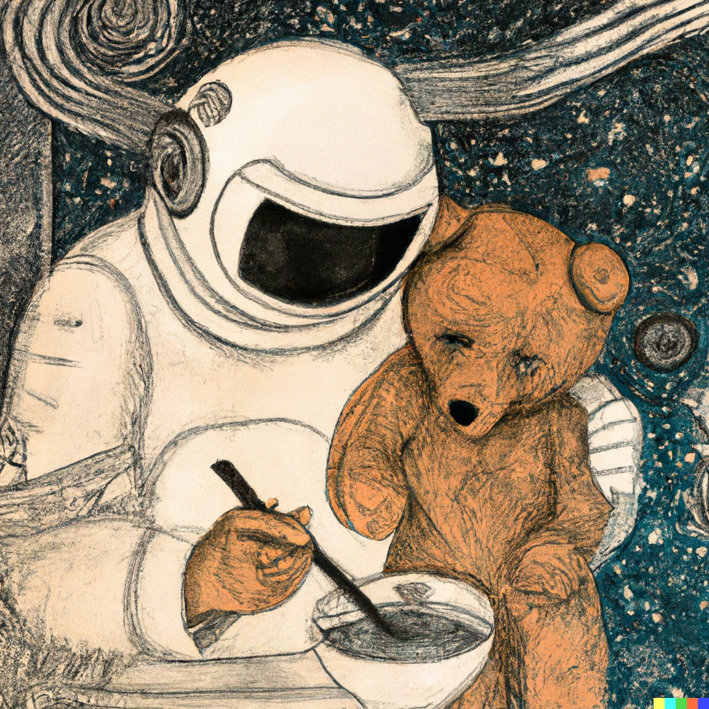 Prompt: An astronaut and a teddy bear eating soup that is a portal to another universe, the astronaut is a pencil drawing and the teddy bear is ukiyo-e, the background is a 1960's poster