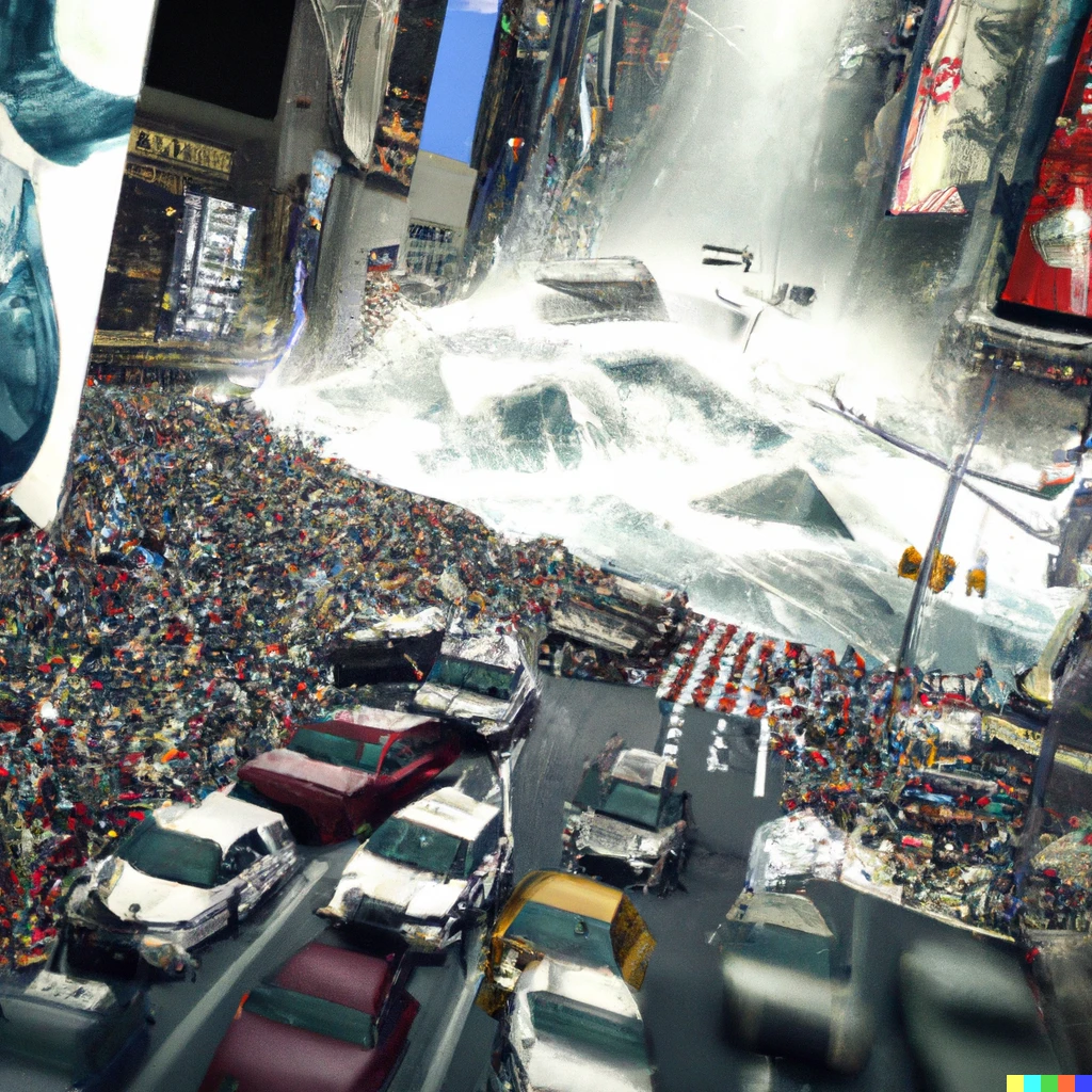 Prompt: Tsunami destroys Times Square, photorealistic, with a running crowd and tumbling cars