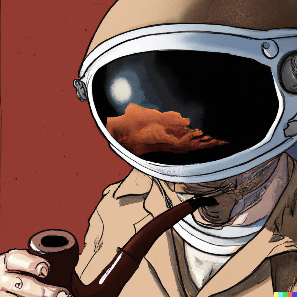 Prompt: An Astronaut with an Astronaut helmet on Mars smoking a large black tobacco pipe