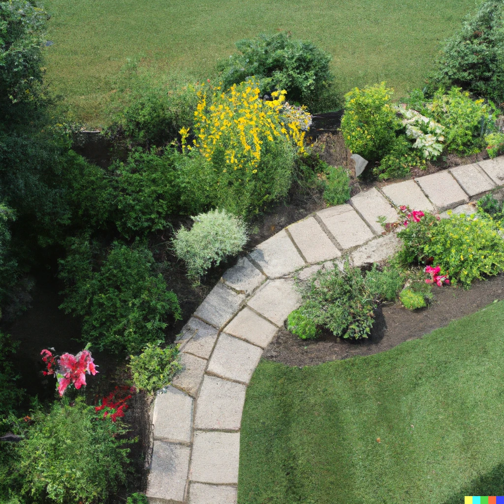 Prompt: A birds-eye view of a backyard garden with a stone brick path, trees and flowers.