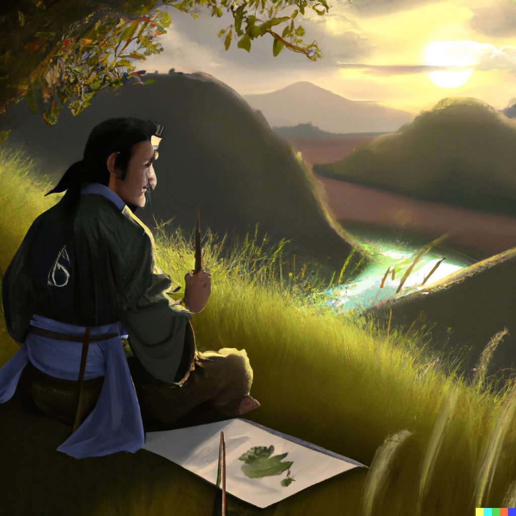 Prompt: A samurai sitting on a hill and composing Haiku, the view is a beautiful green valley with a lake with a sunset, detailed, ultra wide angle landscape painting