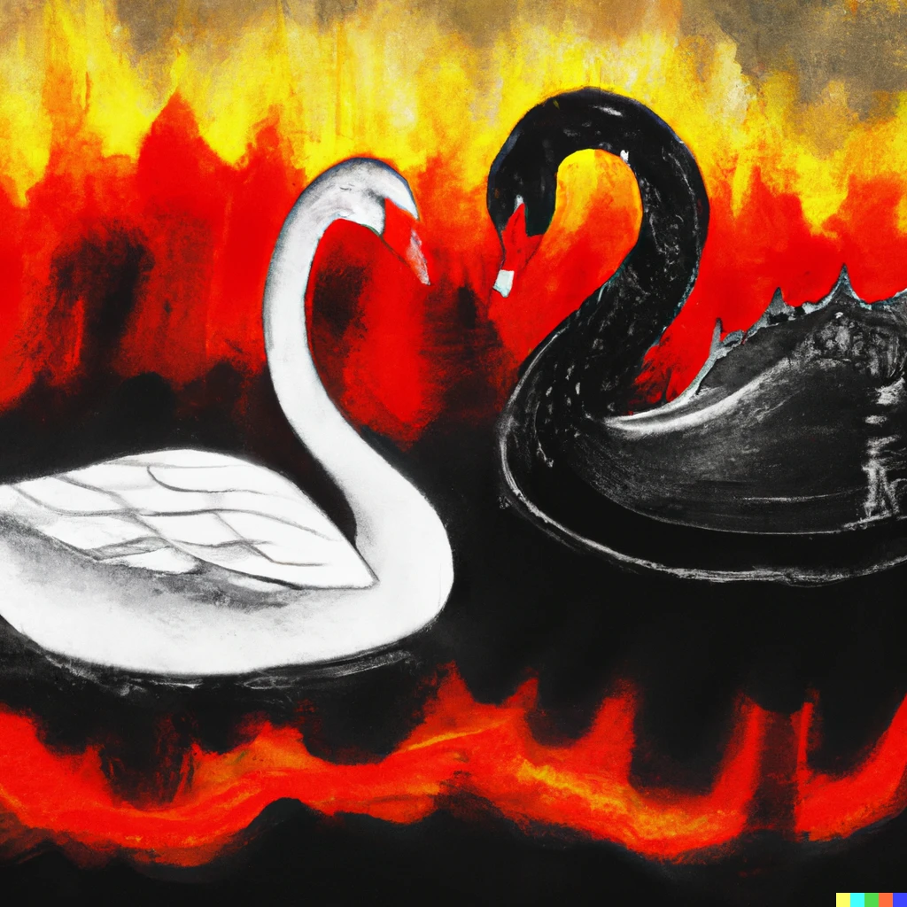 Prompt: a black swan and a red swan swimming on a river of fire, japanese art