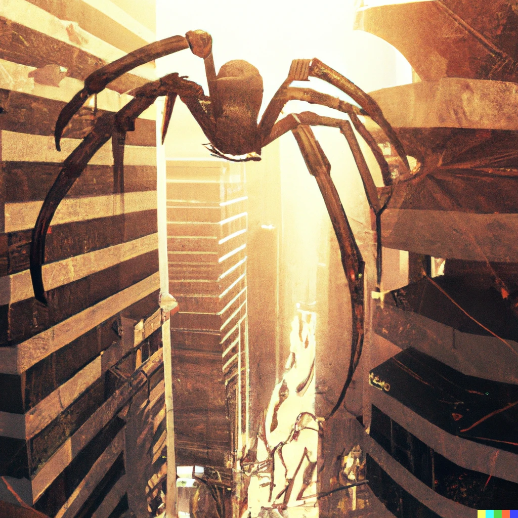Prompt: a massive spider crawling over buildings in a city, digital art