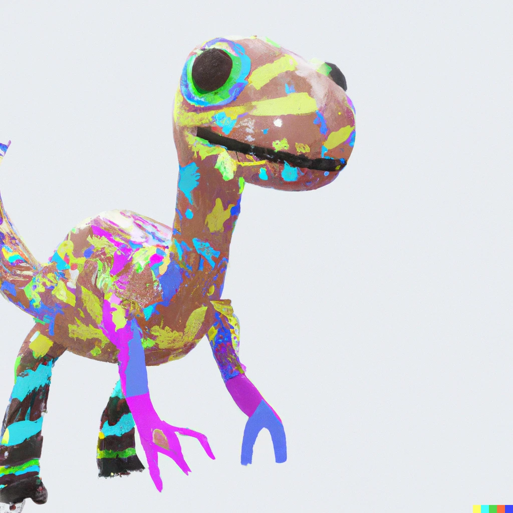 Prompt: A colorful happy dinosaur poorly drawn by a kid, detailed 3d render