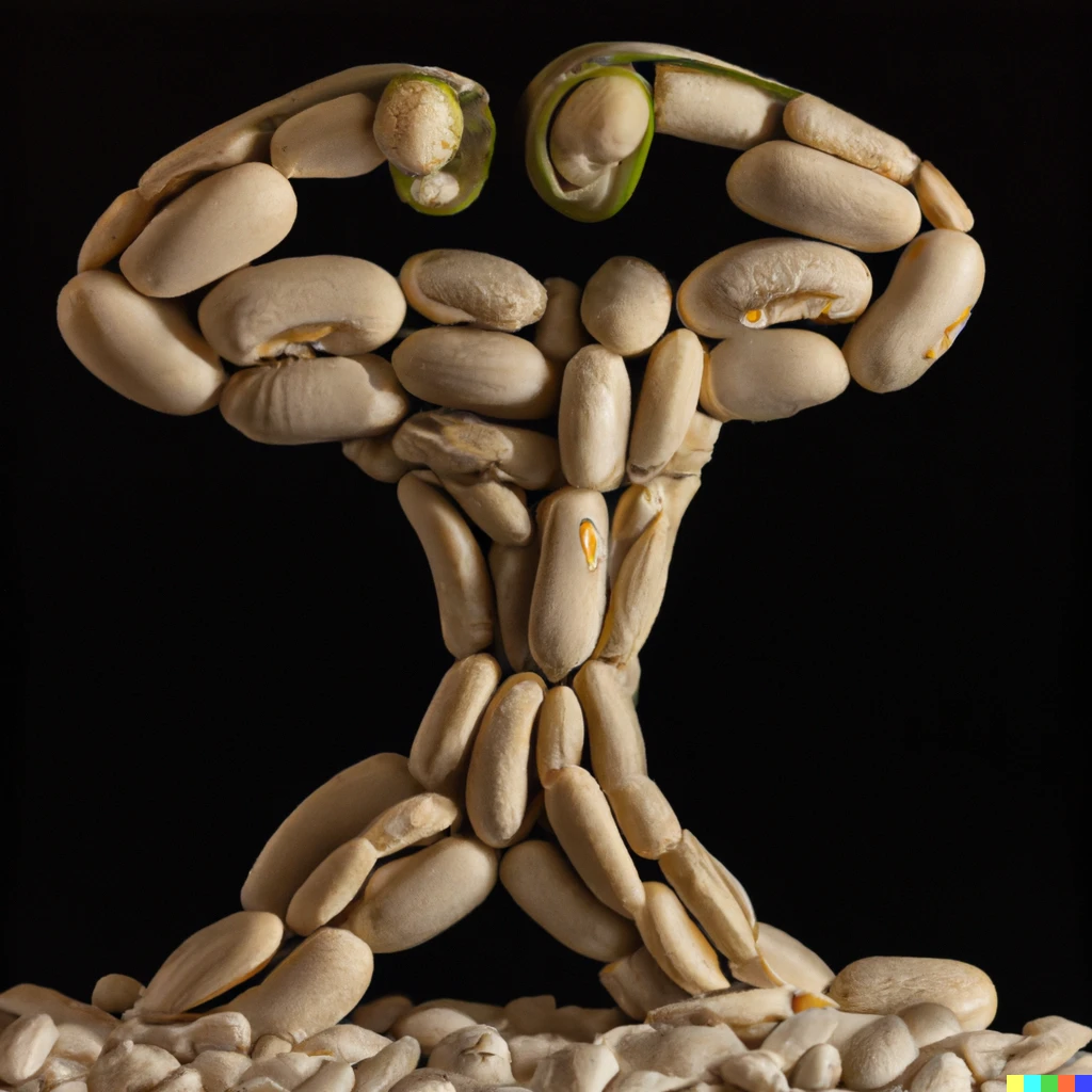Prompt: Sculpture of a bodybuilder flexing made entirely from fresh beans, by Antoni Gaudi, studio lighting