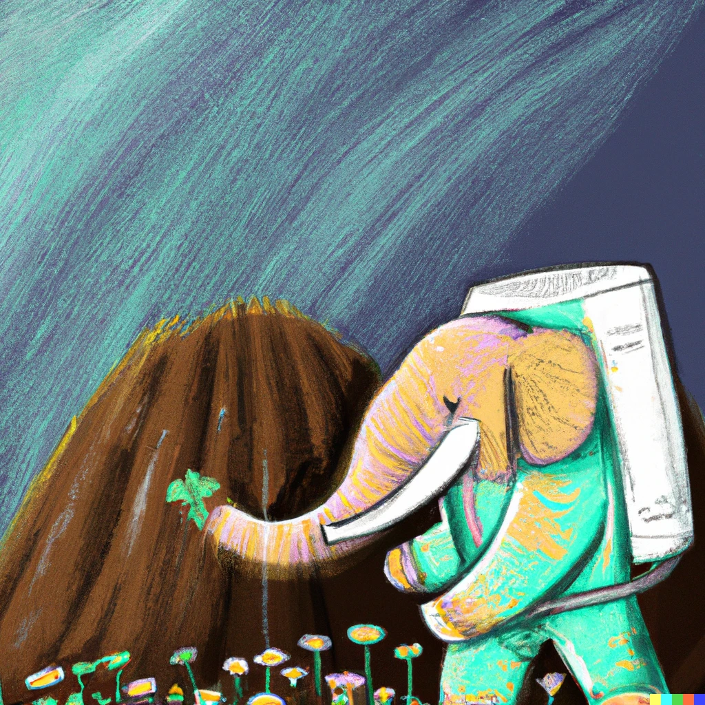 Prompt: A woolly mammoth in a space suit collecting clovers from inside a volcano