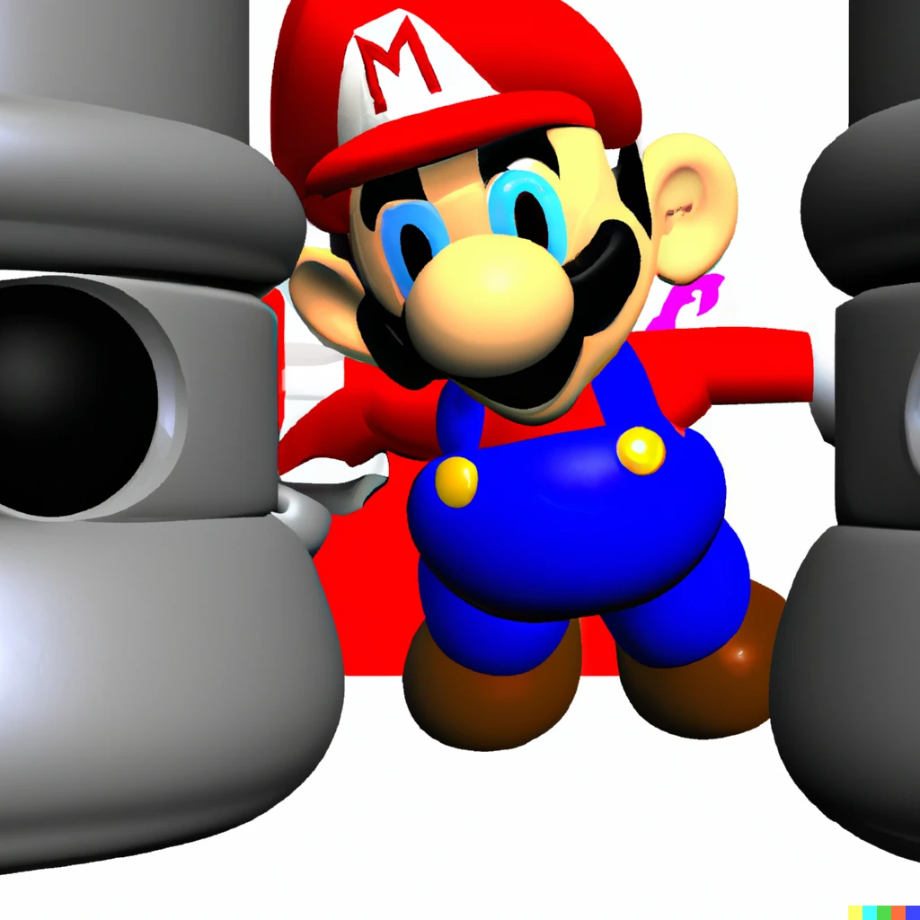 Prompt: Mario from the video game Mario 64 infiltrating a PS1 game, PS1 game style