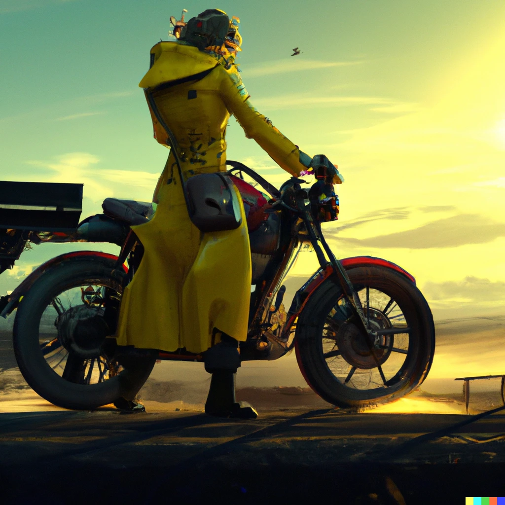 Prompt: Kino no Tabi in her yellow trenchcoat by her motorbike  in the style of a Final Fantasy cinematic trailer, Unreal Engine 5, Jakub Rozalski