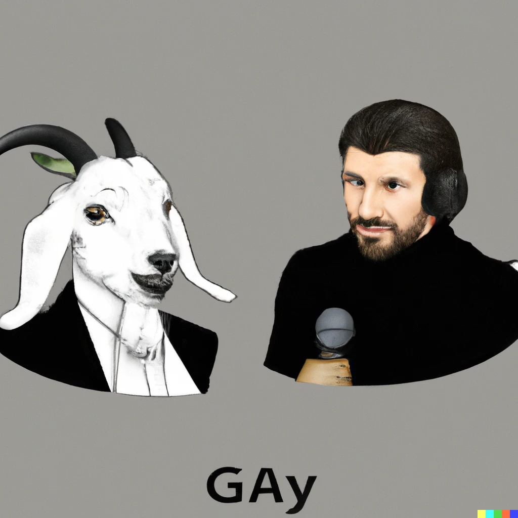 Prompt: A goat that is dressed as Han solo, and a guy with a black suit, black hair and a goatee beard that is wearing the infinity gauntlet. Both are in a podcast together. Digital art.