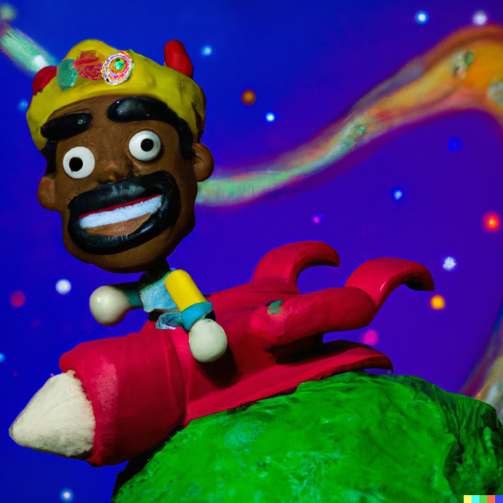 Prompt: Lee scratch perry smiling, riding a space rocket, and a tiny planet earth as a  background,  claymation style