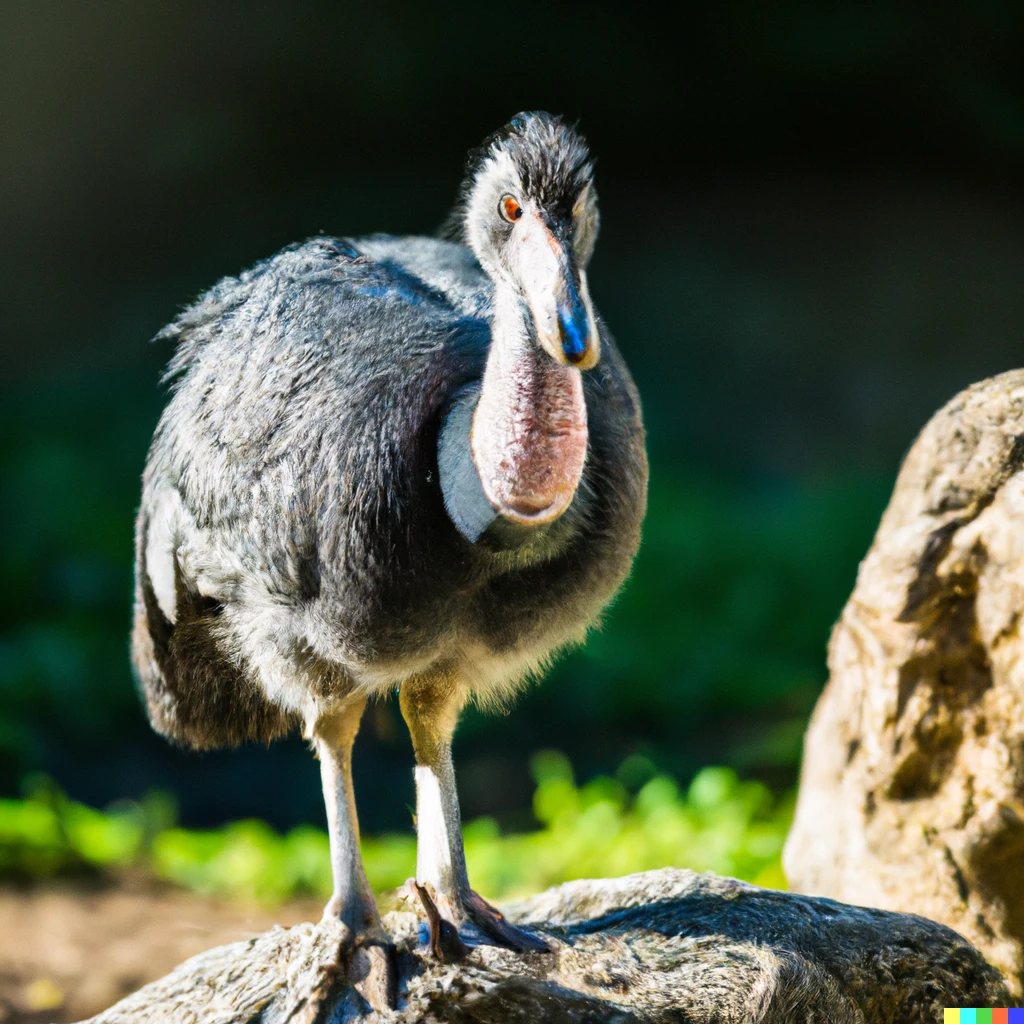 Prompt: Close up photo of a dodo bird standing on some rocks, bokeh, 100mm lens, 4k award winning photography