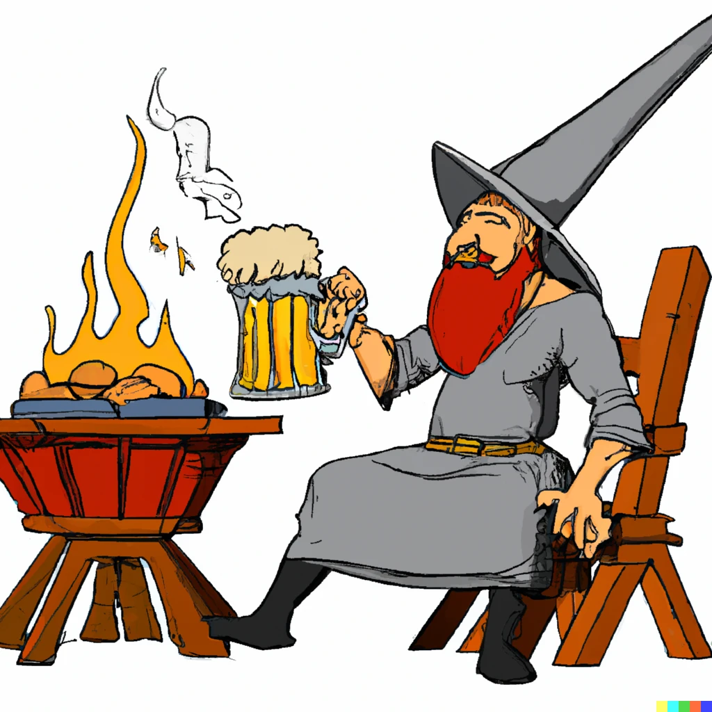 Prompt: A beer wizard having barbecue and drinking beer from a huge tankard