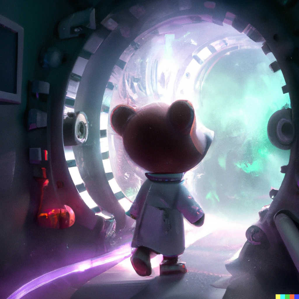 Prompt: a teddy bear in a lab coat walking through a portal into our world, digital art