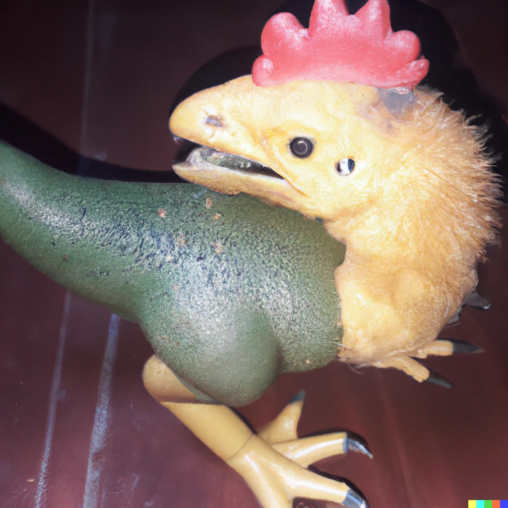 Prompt: A photo of a chicken hugging his dinosaur friend