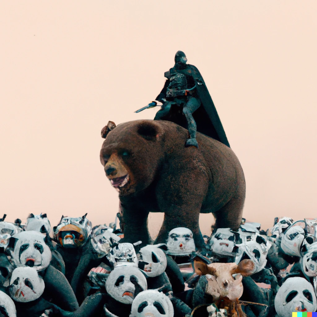 Prompt: Darth vader riding a giant bear with a squad of stormtroopers following him ,wes anderson film , colorful, high quality, 4k
