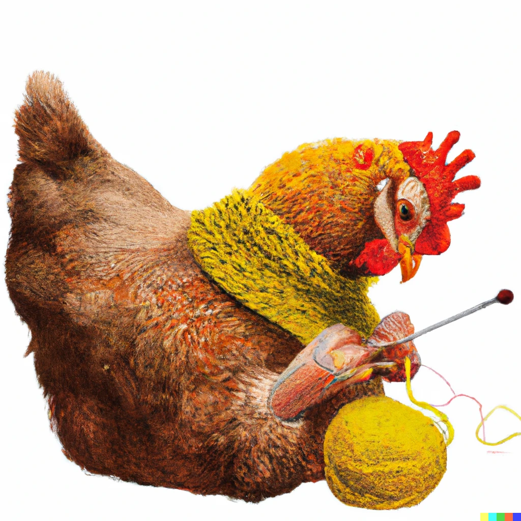 Prompt: A chicken that is knitting a scarf, photorealistic