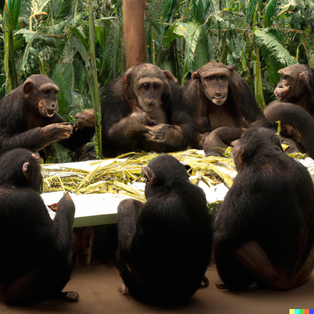Prompt: A conference room full of chimpanzees discussing more efficient methods of banana cultivation